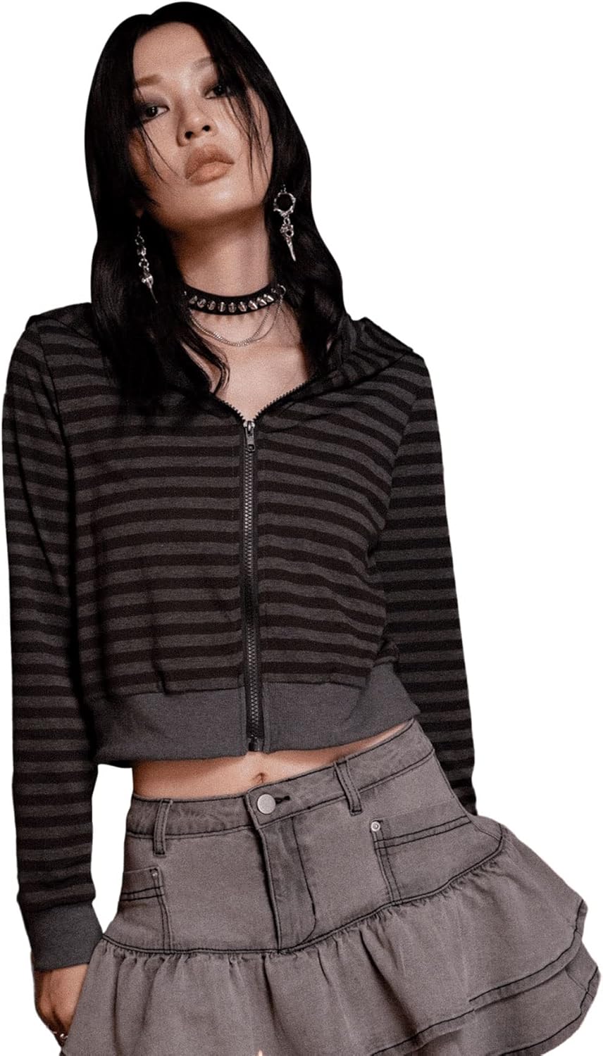 Verdusa Women's Punk Rock Striped Print Zip Up Cropped Hoodie Sweatshirt Shirt Y2K Top - Image 2