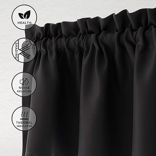 Miniatura 2 de Hiasan Cortinas opacas con cenefa negra con bolsillo para barra, cenefas para cocina, 52 x 18 pulgadas de largo, 1 panel