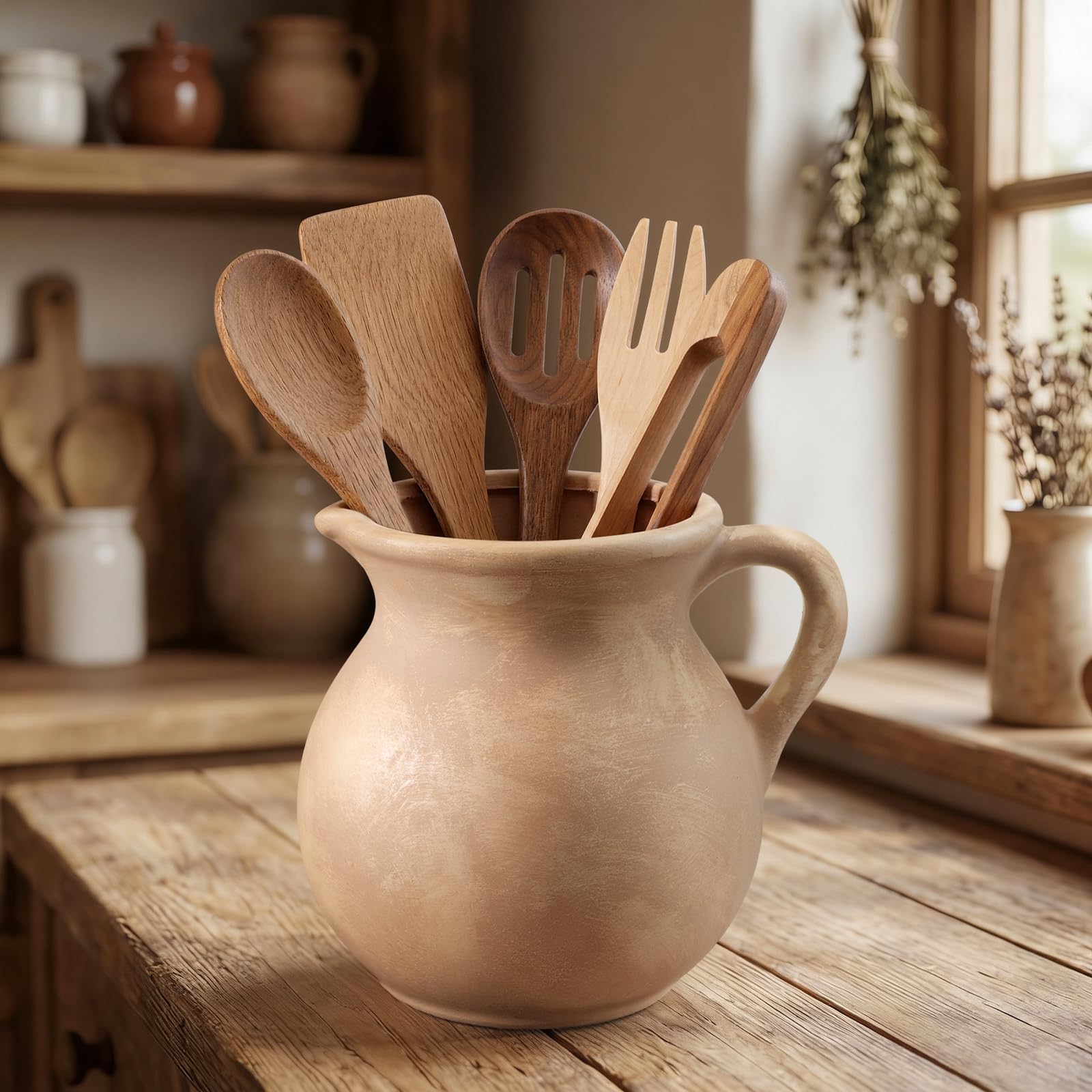 Potchen Rustikaler Küchenutensilienhalter mit Griff, 17,8 cm, Keramik, Vintage-Utensilientopf für Arbeitsplatte, Bauernhaus, Küche, Dekoration, Keramiktopf für Spatel, Löffel, Zange (klassisch