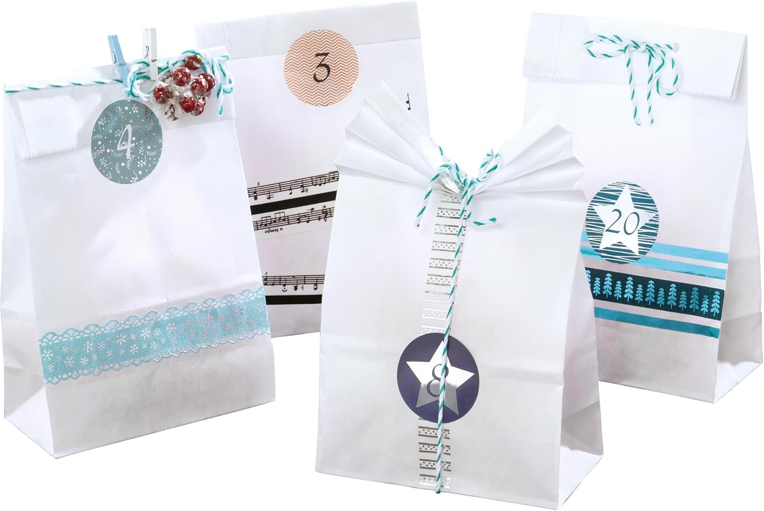 9401 Advent Calendar Set with 24 Food-Safe Paper Bags in White, Cord and Number Stickers