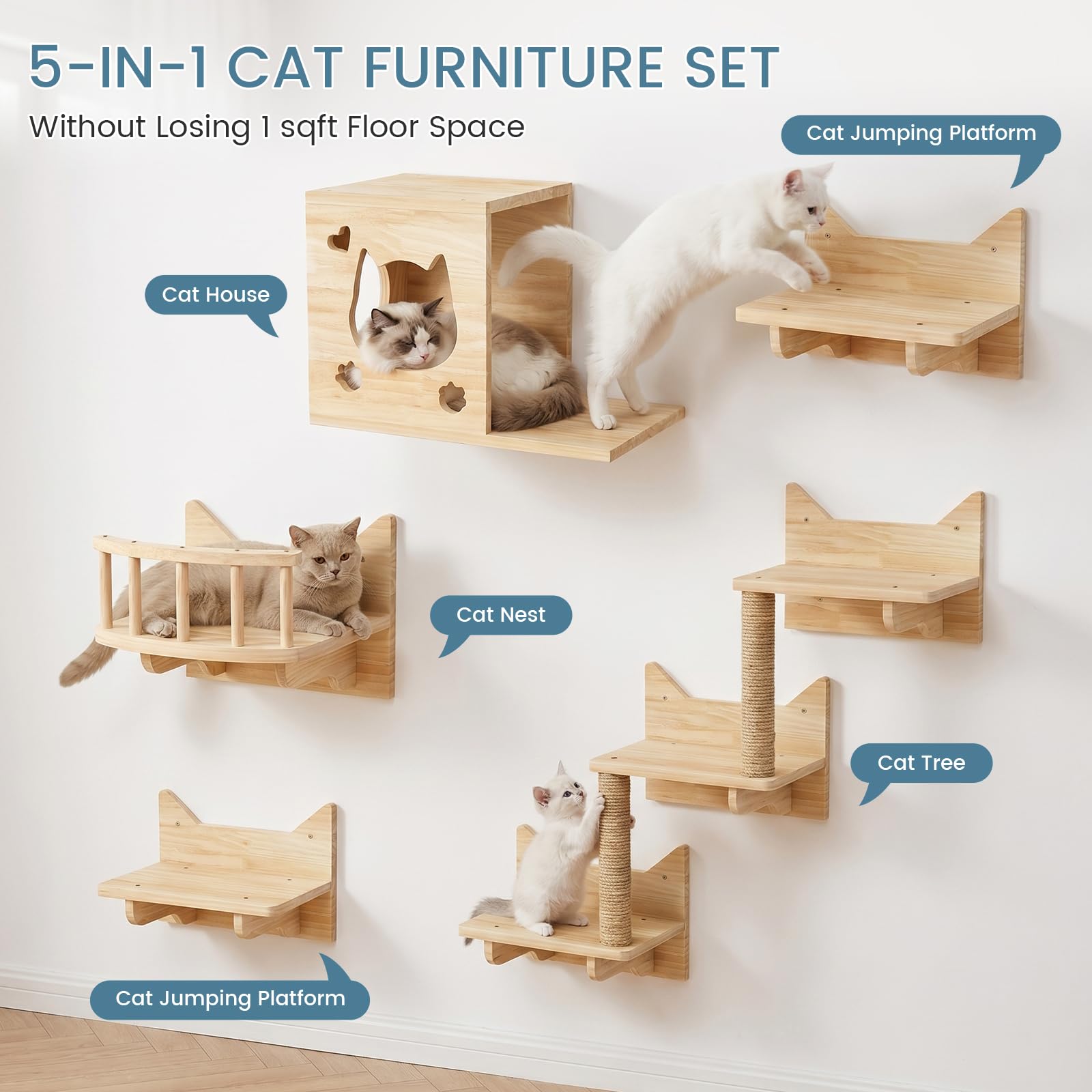 Ensemble de mur d'escalade pour chat, arbre à chat | Hamac en panneau multiplex robuste pour chat avec maison pour chat, pont pour chat, arbre à chat