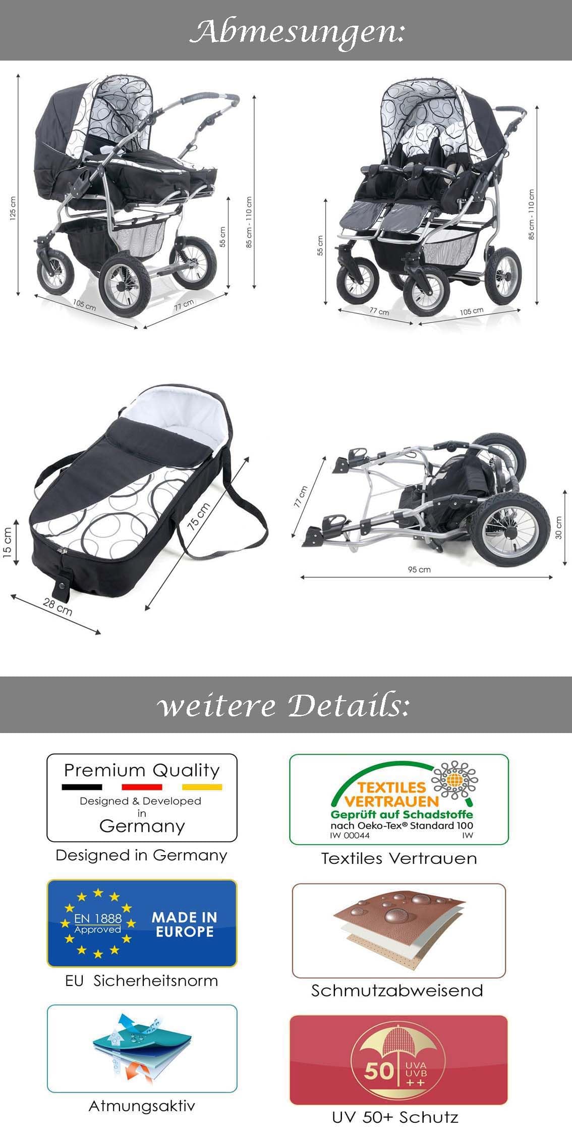 Zwillingskinderwagen 3 in 1 City Twin - 15 Teile - in Farbe Schwarz
