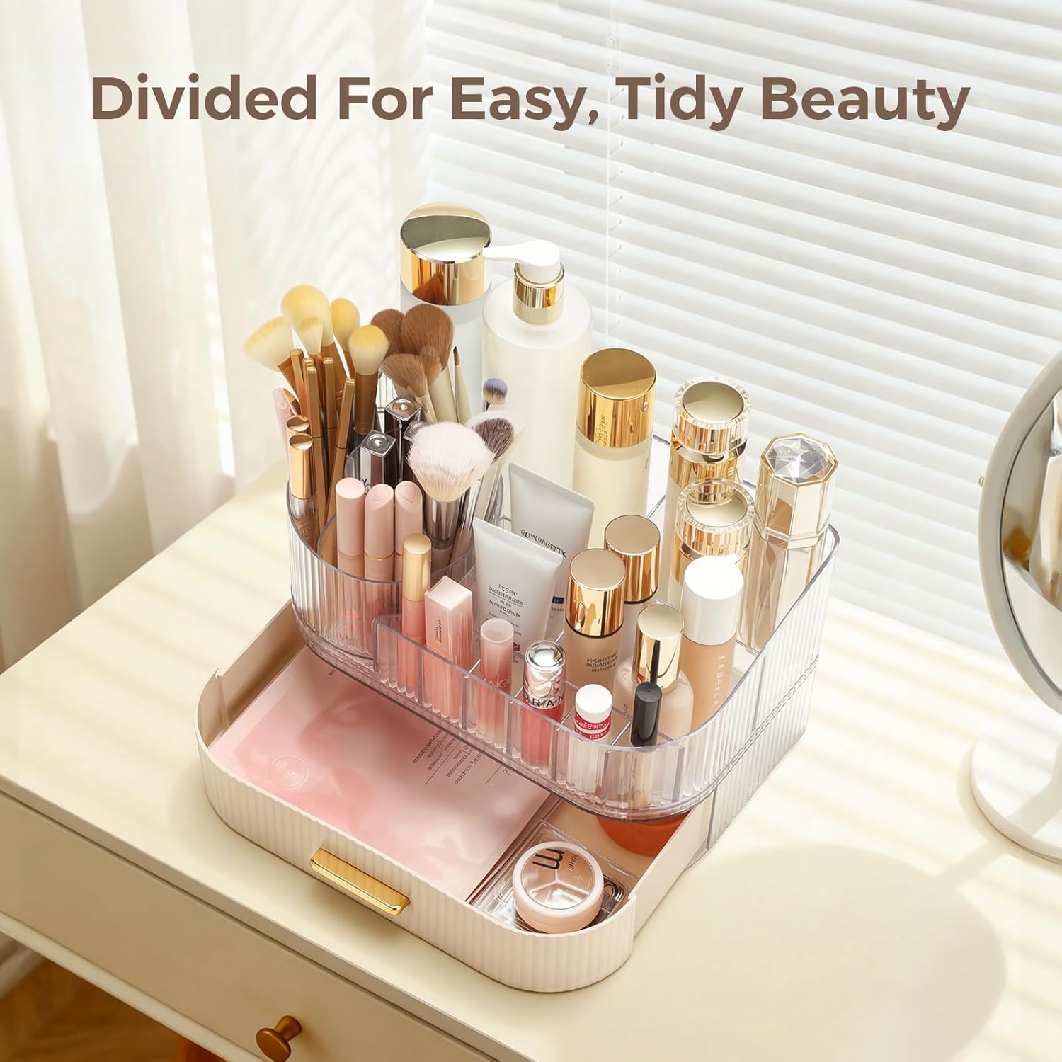 Delamu Makeup Organizer for Vanity with Stackable Drawers, 360 Rotating Makeup Brush Holder Large Cosmetic Display Case, Bathroom Skincare Storage, Elegant White, Ideal Christmas Gifts for Girls - Image 7