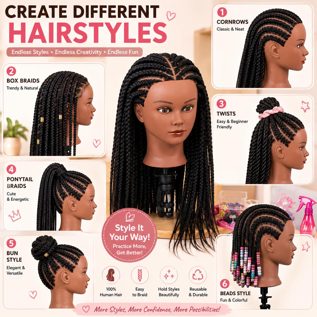 Mannequin Kopf 100% Echthaar Afro Cosmetology Haar Mannequin Kopf afrikanischer Amerikanischer Übungskopf Mannequin Styling Haar Haare schneiden Flechten für Friseur, schwarz