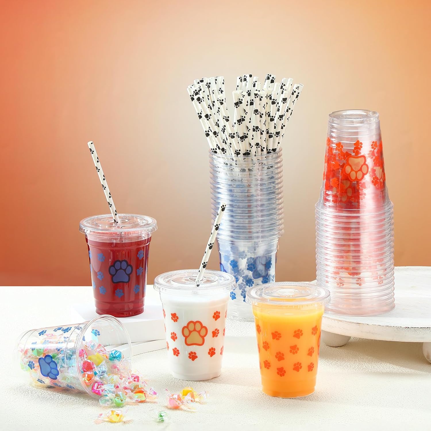 Sliner 100 Set 12 oz Blue Dog Paw Print Cups Birthday Party Decorations Supplies Paw Print Patrol Disposable Party Plastic Cups with Paper Straws and Lids for Birthday Puppy Themed Drinkware Favors - Image 4