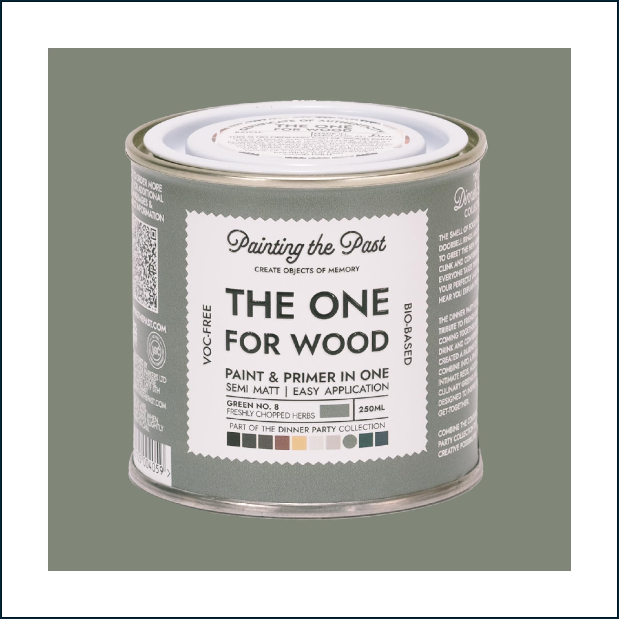 The One for Wood Paint & Primer 250ml Green No. 8 Freshly Chopped Herbs | Semi Matt Finish, Bio-Based & VOC-Free Formula for Wooden Furniture & Surfaces | Durable & Easy Indoor Home Decorating