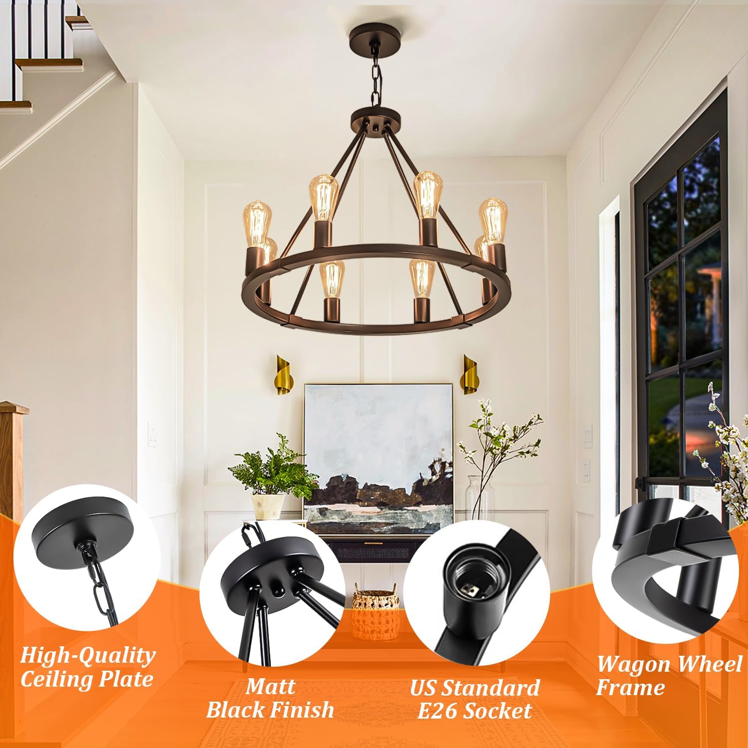 Neatmeat Black Wagon Wheel Chandelier 23 inch,8 Lights Farmhouse Wagon Wheel Chandeliers, Round Industrial Ceiling Light fixtures for Porch High Ceiling Living Dining Room Foyer Entryway,E26
