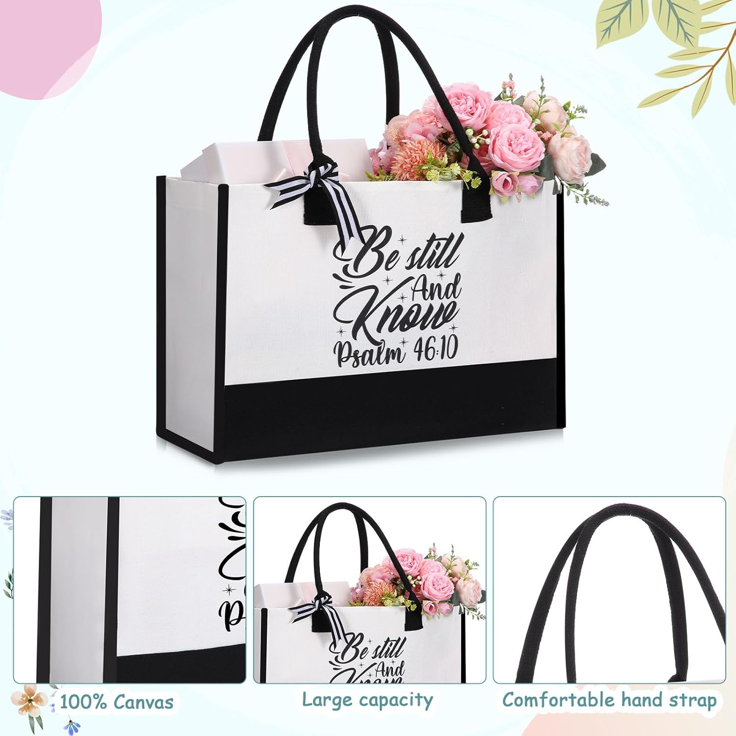 Shinylin Black 7 Pcs Christian Gift for Women Faith, Inspirational Religious Bible Verse Gifts, Catholic Tote Bag Makeup Bag Pens