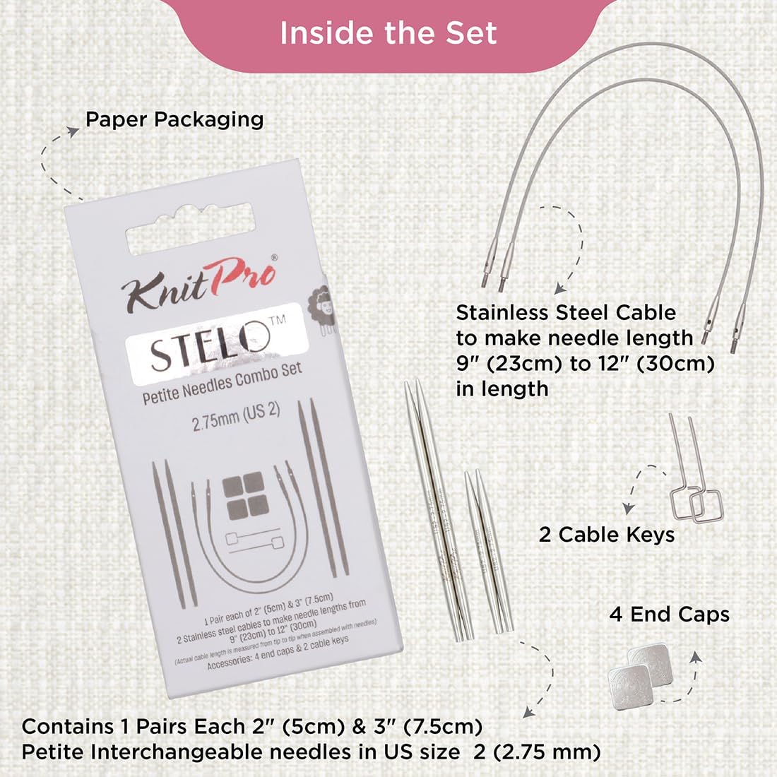 KnitPro Stelo Petite Interchangeable Needle Combo Set 2" (5cm) & 3" (7.5cm) | US 2 (2.75mm)