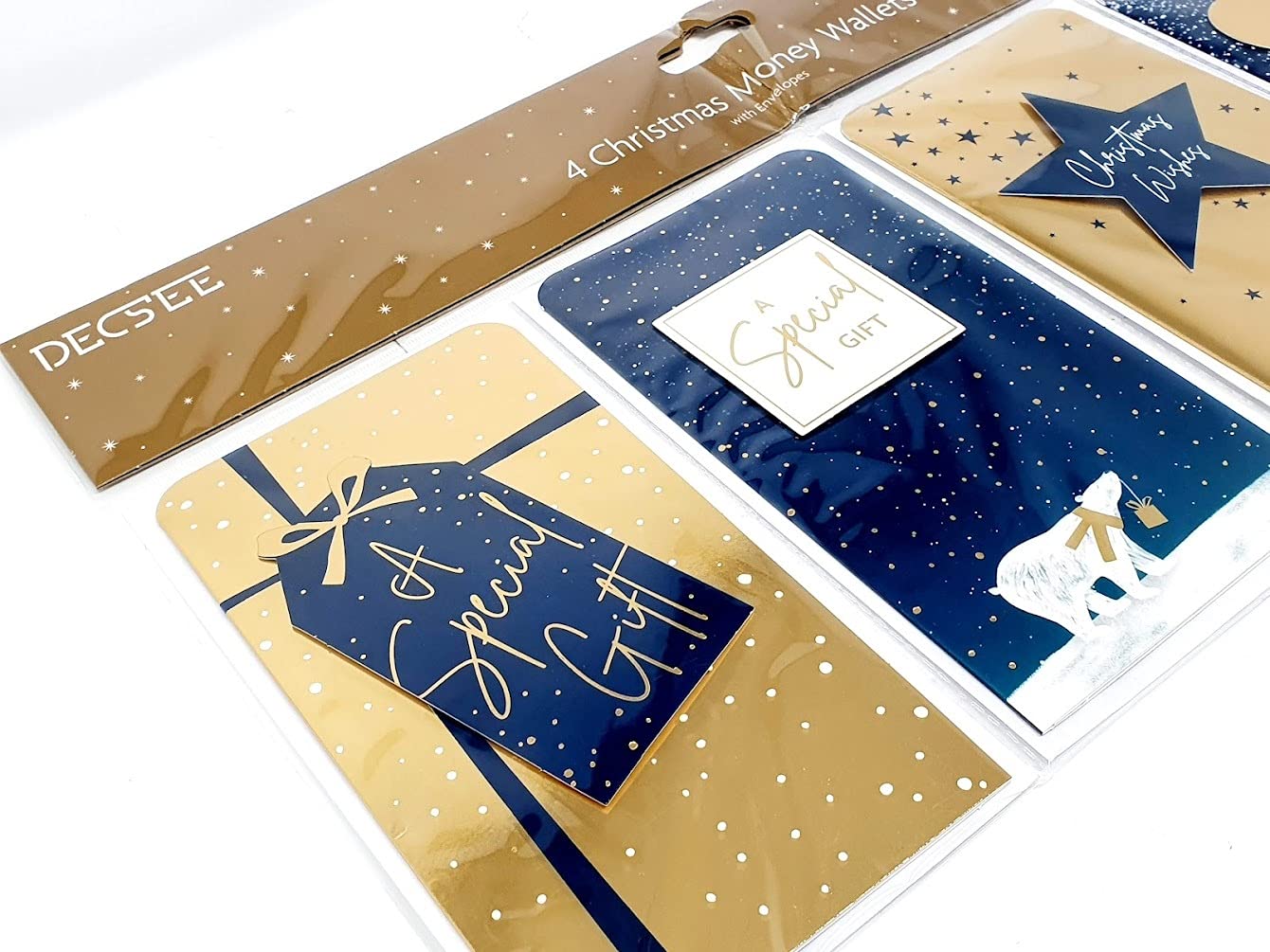 4 sobres de Navidad surtidos para dinero, tarjetas de regalo, vales, monedero, color dorado