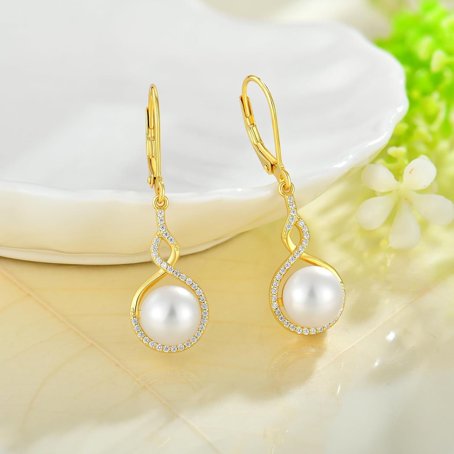 Pearl Earrings 925 Sterling Silver Infinity Dangle Drop Earrings with 9mm Freshwater Cultured Pearls for Women Birthday Christmas - Image 2