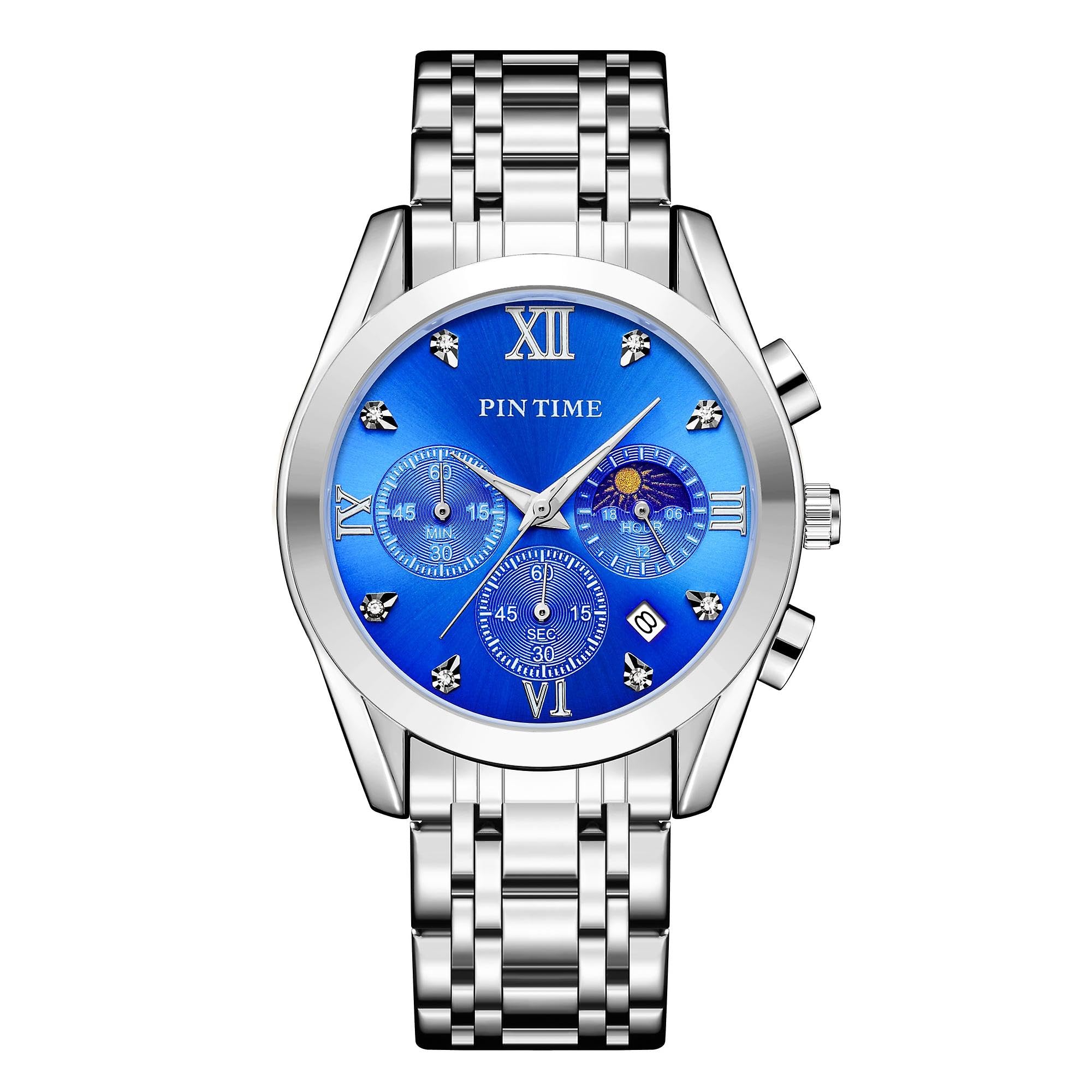 Pintime - Reloj de pulsera para hombre, resistente al agua, 3 bar, de cuarzo, correa de acero inoxidable, esfera de fase lunar, función cronográfica, regalo