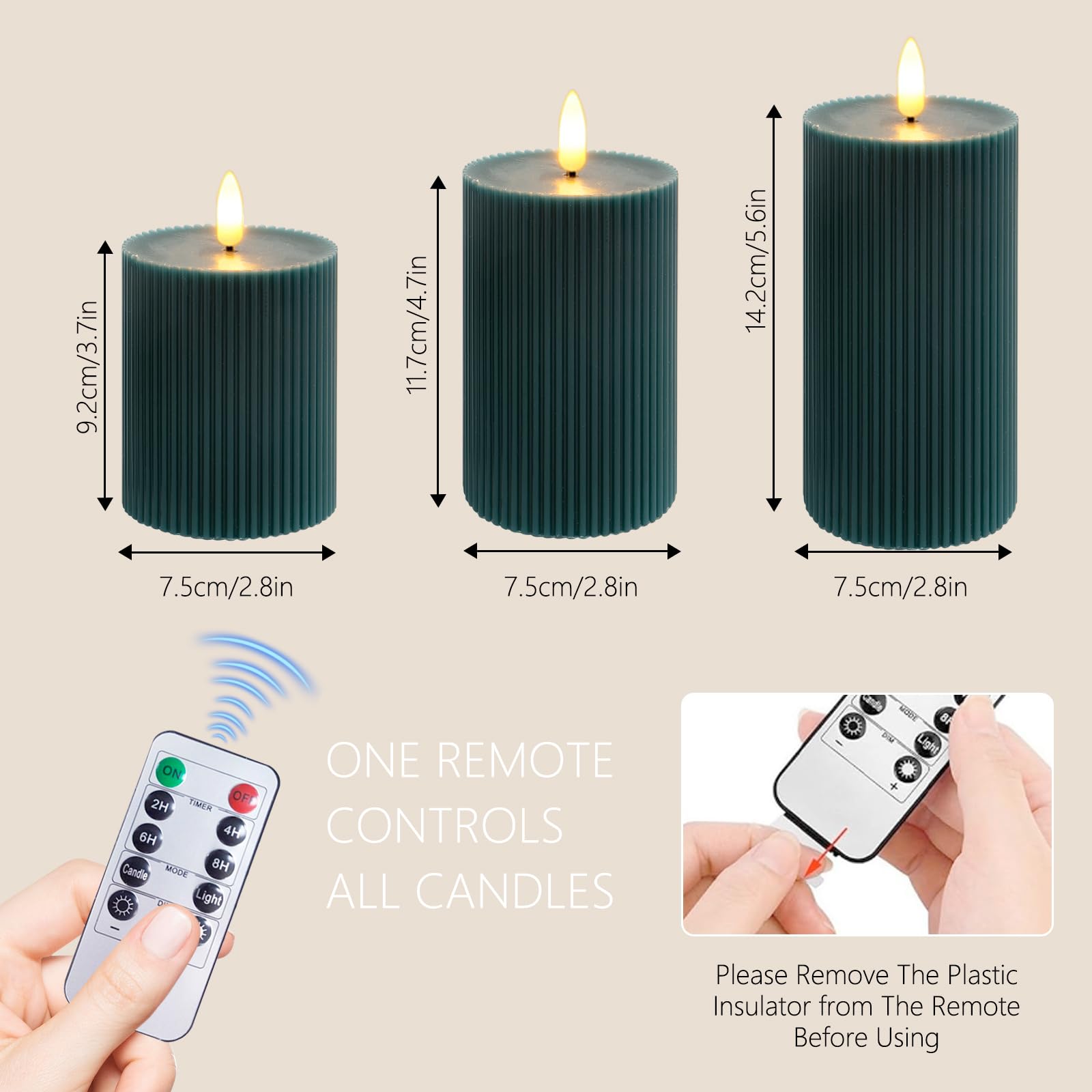 Pack de 3 Velas LED, LED Velas sin Llama, Llamas Parpadeantes Efecto de Llama Real, Material de Cera Auténtica, Funciona con Control Remoto y Temporizador, Velas Decorativas de Pilas (Verde)
