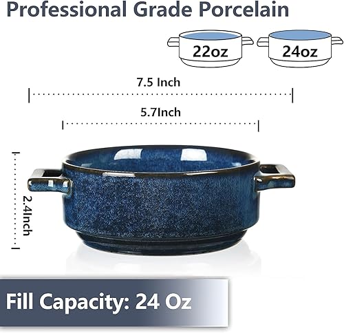 Miniatura 2 de Vicrays Cuencos de cerámica para sopa con asas, platos de sopa de porcelana de 24 onzas para sopa de cebolla francesa, cereales, estofado de carne,