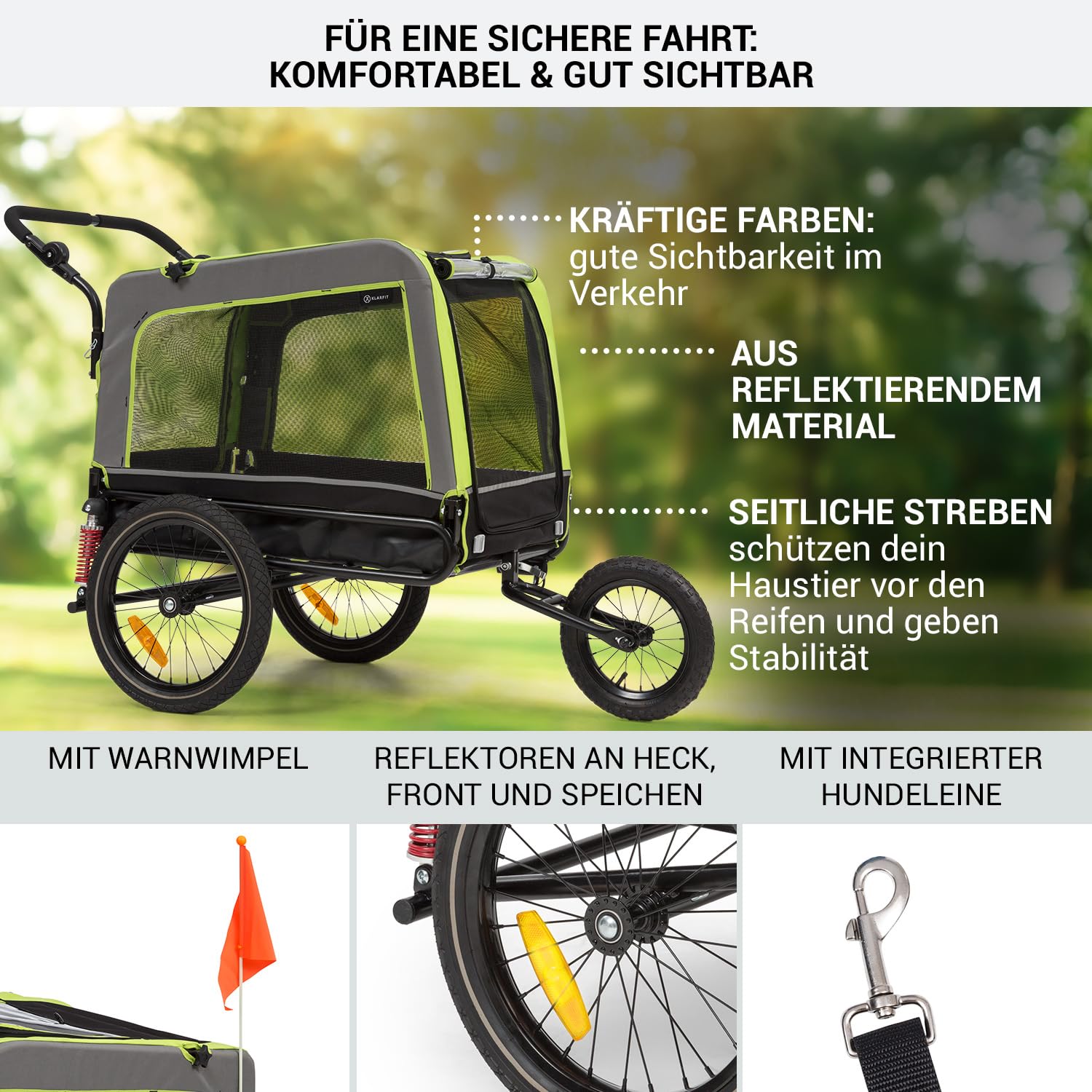 Klarfit Fahrradanhänger für Hunde, 2-in-1 Hunde Fahrradanhänger & Hundebuggy, Hunde-Fahrradanhänger Klappbar, Fahrradanhänger Hund, Hundeanhänger Gefedert mit Reflektoren & Leine, für Hunde bis 40kg