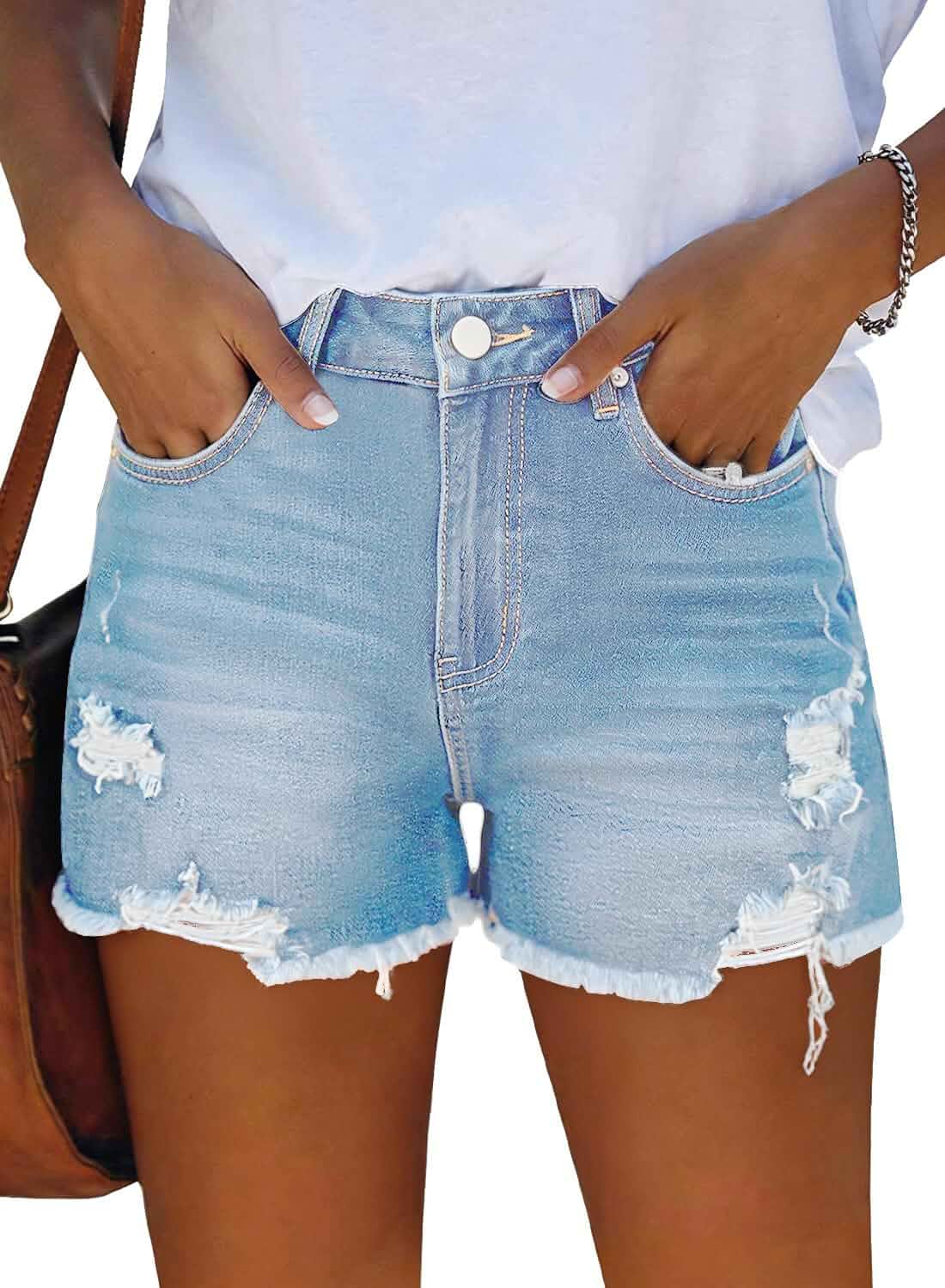 Bosmeer Jean Shorts for Women Casual Mid-Waisted Distressed Stretchy Denim Short Ripped Frayed Hem Summer Jorts Regular Fit