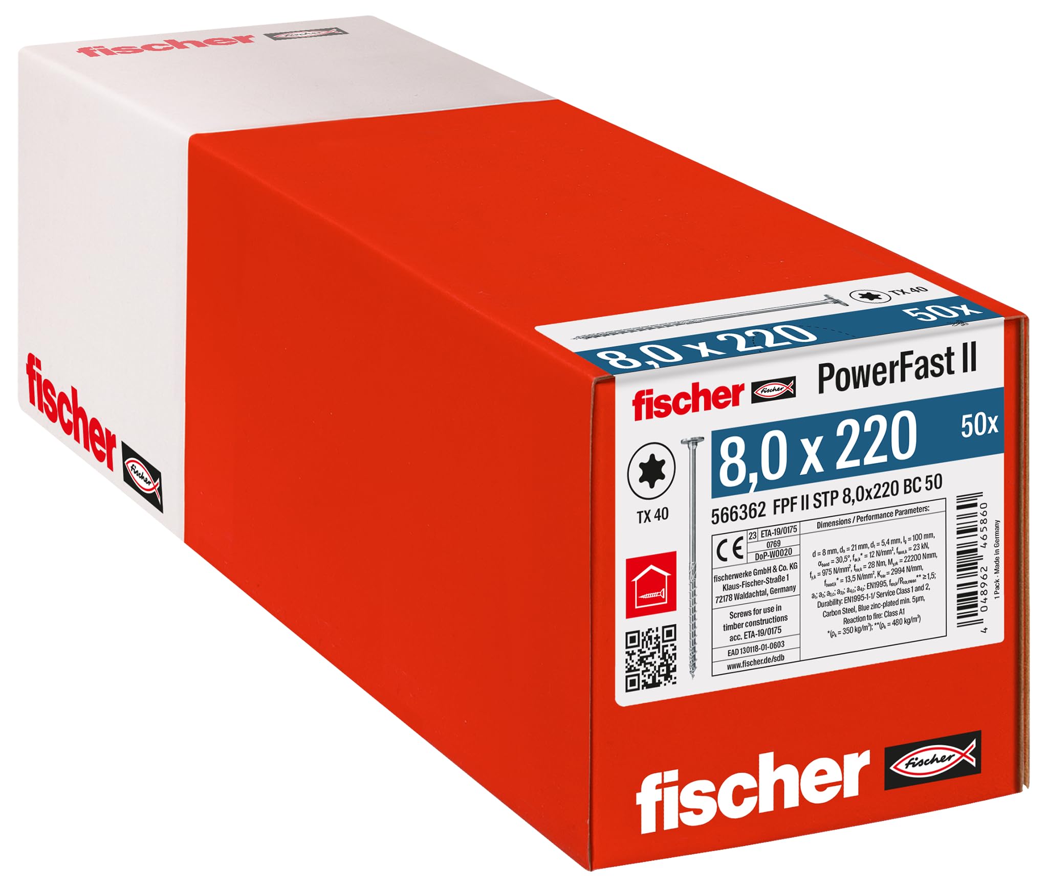 fischer PowerFast II 566362 STP - Tornillo para madera (8,0 x 220, 50 unidades), color plateado
