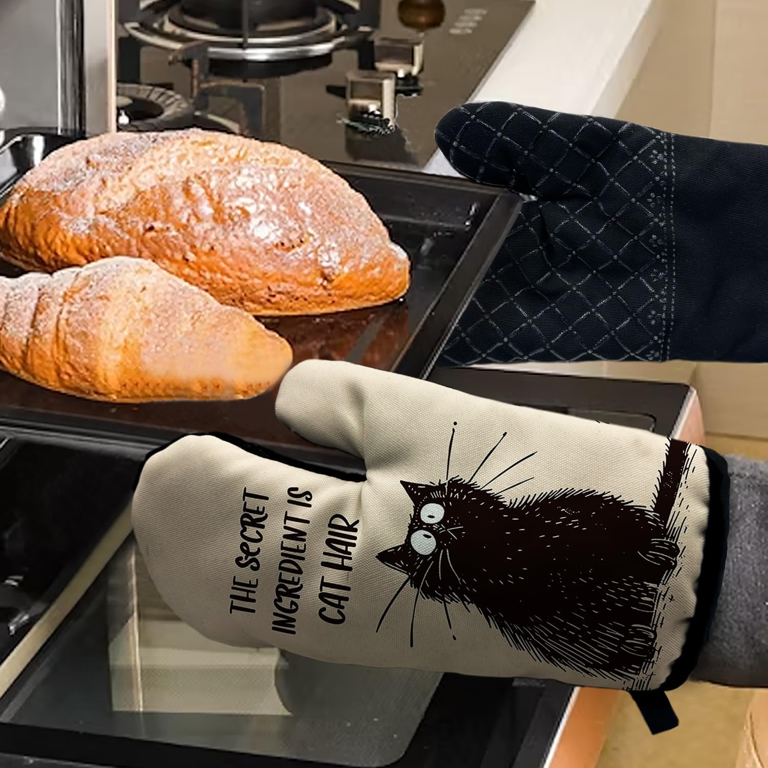 The Secret Ingredient is Cat Hair Funny Black Cat Oven Mitts with Hanging Loop and Silicone Non-Slip, Cute Cat Baking Kitchen Utensils 2-Piece Set, Gifts for Mom Aunt Sister Cat Lover - Image 4