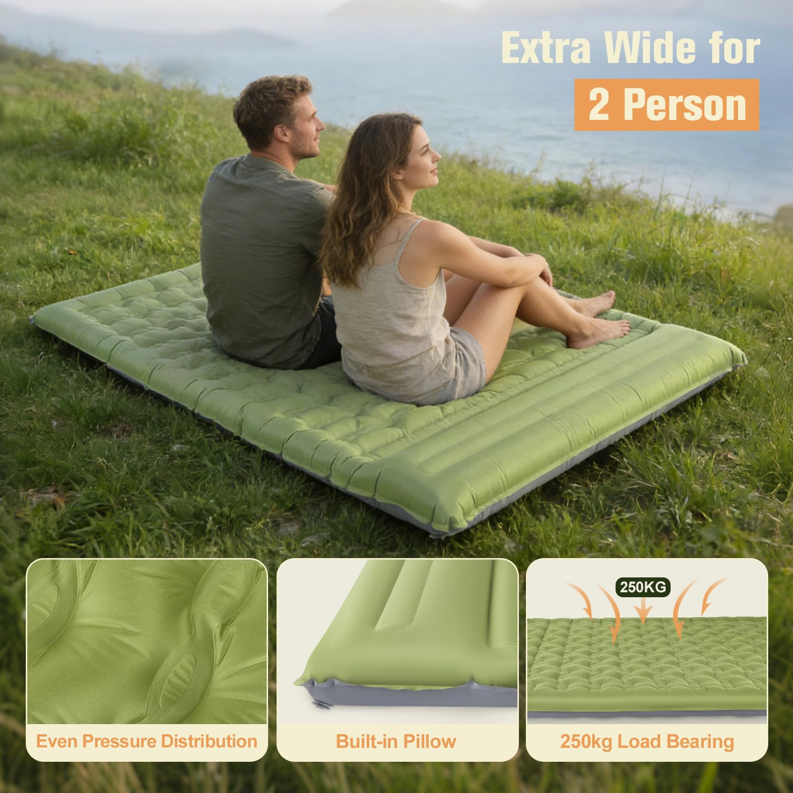colchoneta camping 2 persona,15cm extra grueso colchón hinchable,190*140*15cm colchon camping con almohadas bomba de pie incorporada,colchón autoinflable ultraligero para exteriores máx 250KG