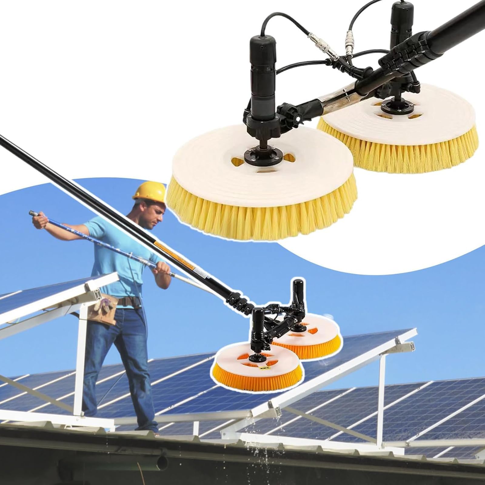 Kit de Limpieza de Paneles Solares EléCtricos con PéRtiga Alimentada Por Agua, 2 Cepillos Redondos, y Cable de 7,5 M, Cepillo para Equipos de Limpieza de Paneles Fotovoltaicos ,7.5m-Plug-intype