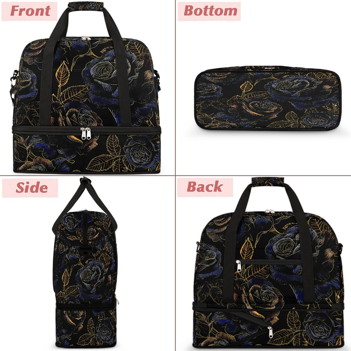 Gold Blue Rose Large Weekender Overnight Bags Travel Duffel Bag for Women Men Gym Bag With Shoe Compartment Foldie Travel Tote Bag Carry On Personal Item Bag for Travel Gym Sports - Image 3