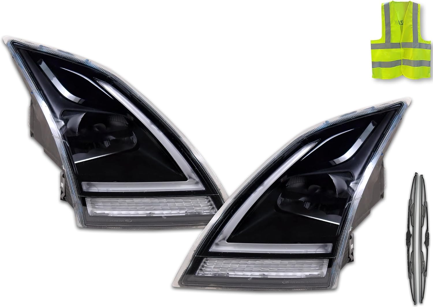 KOZAK Headlights Full LED Black (Driver Left and Passenger Right Side) Set Compatible With Volvo VNL VNR 2018+ Includes Logo, 2x 22 Windshield Wipers and Reflective Vest
