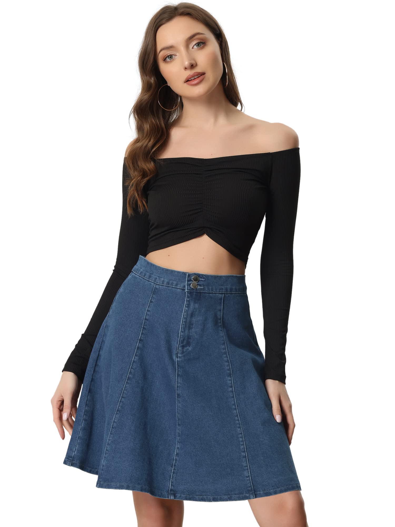 Allegra K Jupe en jean décontractée, évasée, longueur genou, extensible, taille haute | Dos élastique, taille haute, longueur au-dessus du genou, plissé évasé, style Y2K, décontracté, travail, usage quotidien