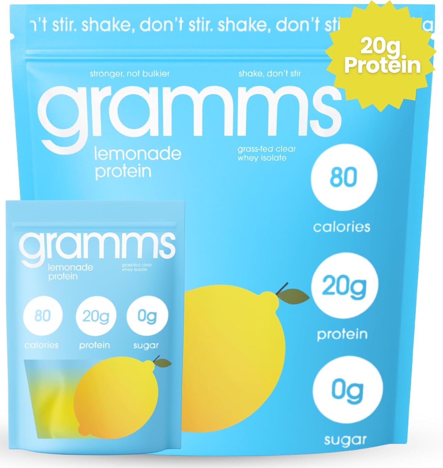 GRAMMS Clear Protein Powder Packets 20G Protein for Women & Men & Lactose Free, Grass-Fed Whey Isolate, Gluten Free, Zero Sugar, Gut Friendly, Non-Bloating (Lemonade-10 Servings)