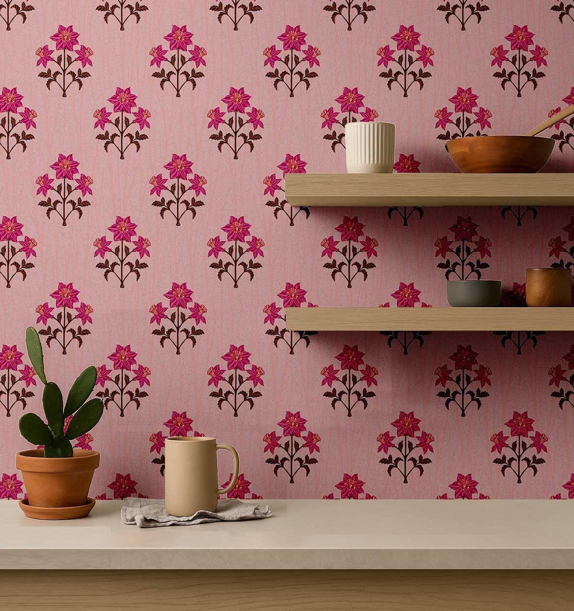 S4Sassy Peel and Stick Wall Covering, Floral Print Removable Wall Wrap - Pink Mural for Vintage Farmhouse Decor, Bathroom, Laundry Room - Self-Adhesive Removable Wallpaper Vinyl (25"X 120")
