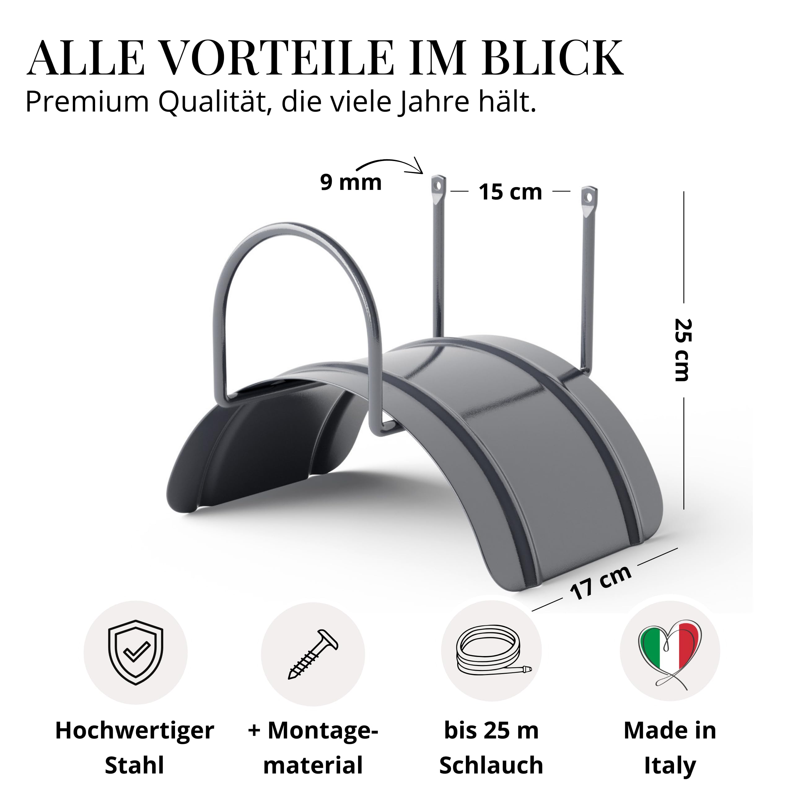 Livlig53 LIVLIG Schlauchhalter, Made in Italy Gartenschlauchhalter - aus pulverbeschichtetem Stahl geeignet bis 25 m Schlauch, Schlauchhalter Wand mit Schrauben und Dübeln, Anthrazit