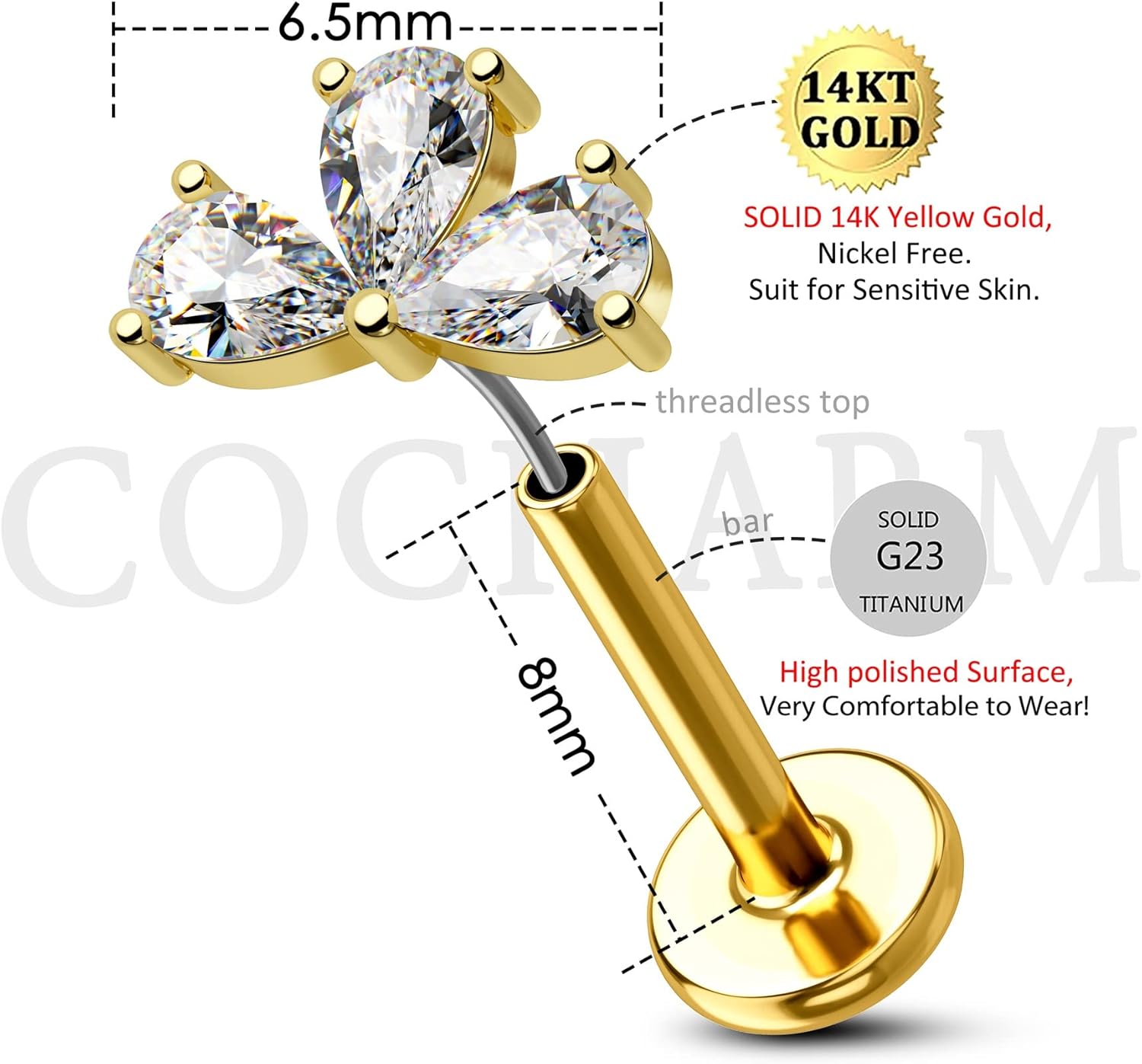 Cocharm 14K Solid Gold Cartilage Earring - 16g Flower Yellow Gold Flat Back Helix Stud, 14K Gold Push in Tragus Earring, Threadless Conch Stud - Image 4