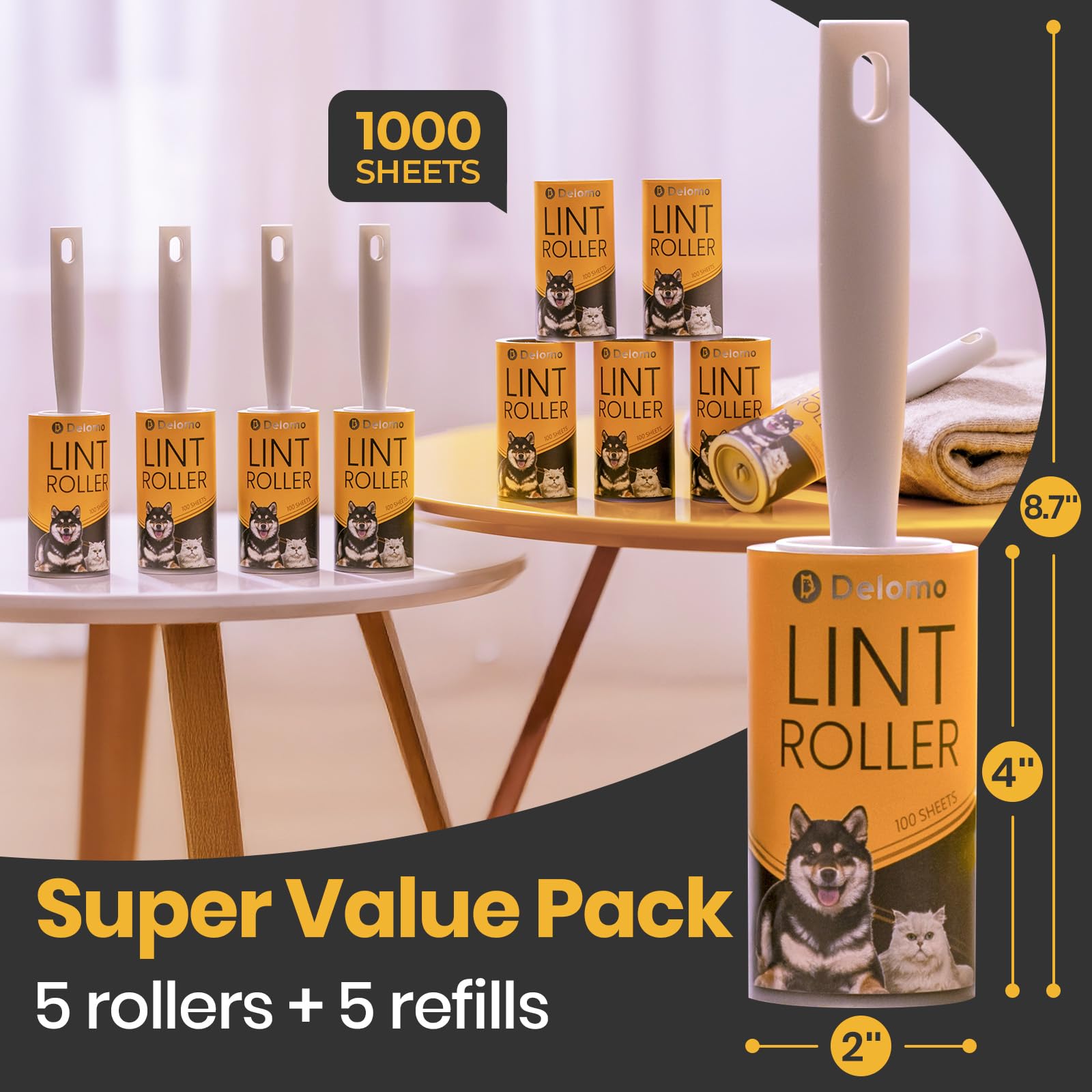 DELOMO Rullo per pelucchi per animali domestici – Rulli per peli di animali domestici extra appiccicosi – Mega Value – Set di 1.000 fogli (5 rulli + 5 ricariche), rimozione peli di cani e gatti, per