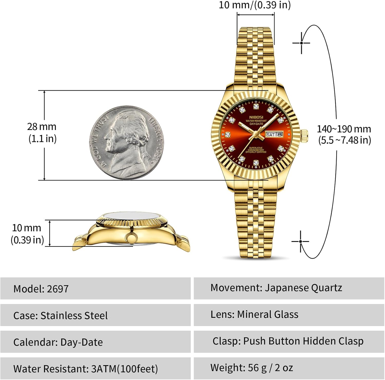 NIBOSI Watches for Women Analog Quartz Stainless Steel Dial with Day Date Luminous Waterproof Dainty Classic Luxury Diamond Elegant Dress Women's Watch for Small Wrists - Image 3