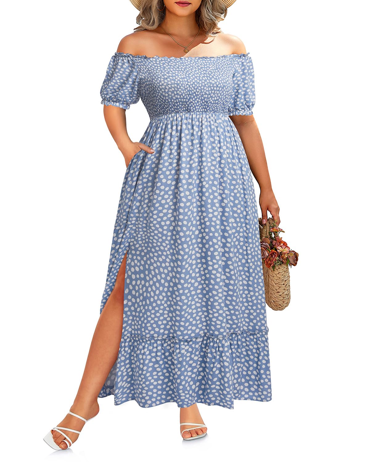 Women's Plus Size Summer Maxi Dress Off Shoulder Smocked Flowy Sundress | Boho beach sun, side split flowy tiered long skirt with pockets, elastic