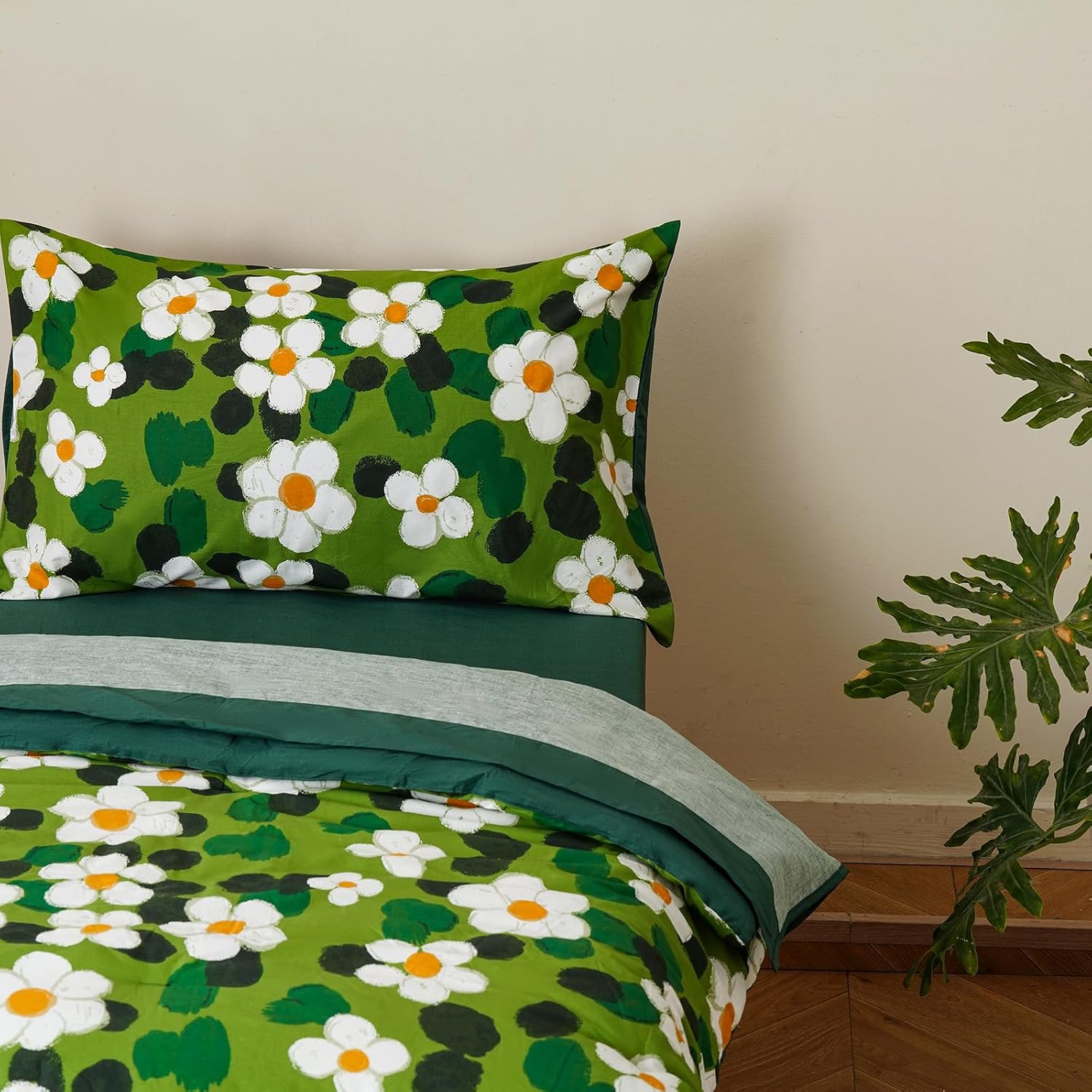 Cottonight Floral Cotton Toddler Comforter Set Green Flowers Boho Crib Bed Set Sunflower Girls Kids Children Bedding Set for Dorm Bedroom(1 Comforter, 1 Flat Sheet, 1 Fitted Sheet, 1 Pillowcase)