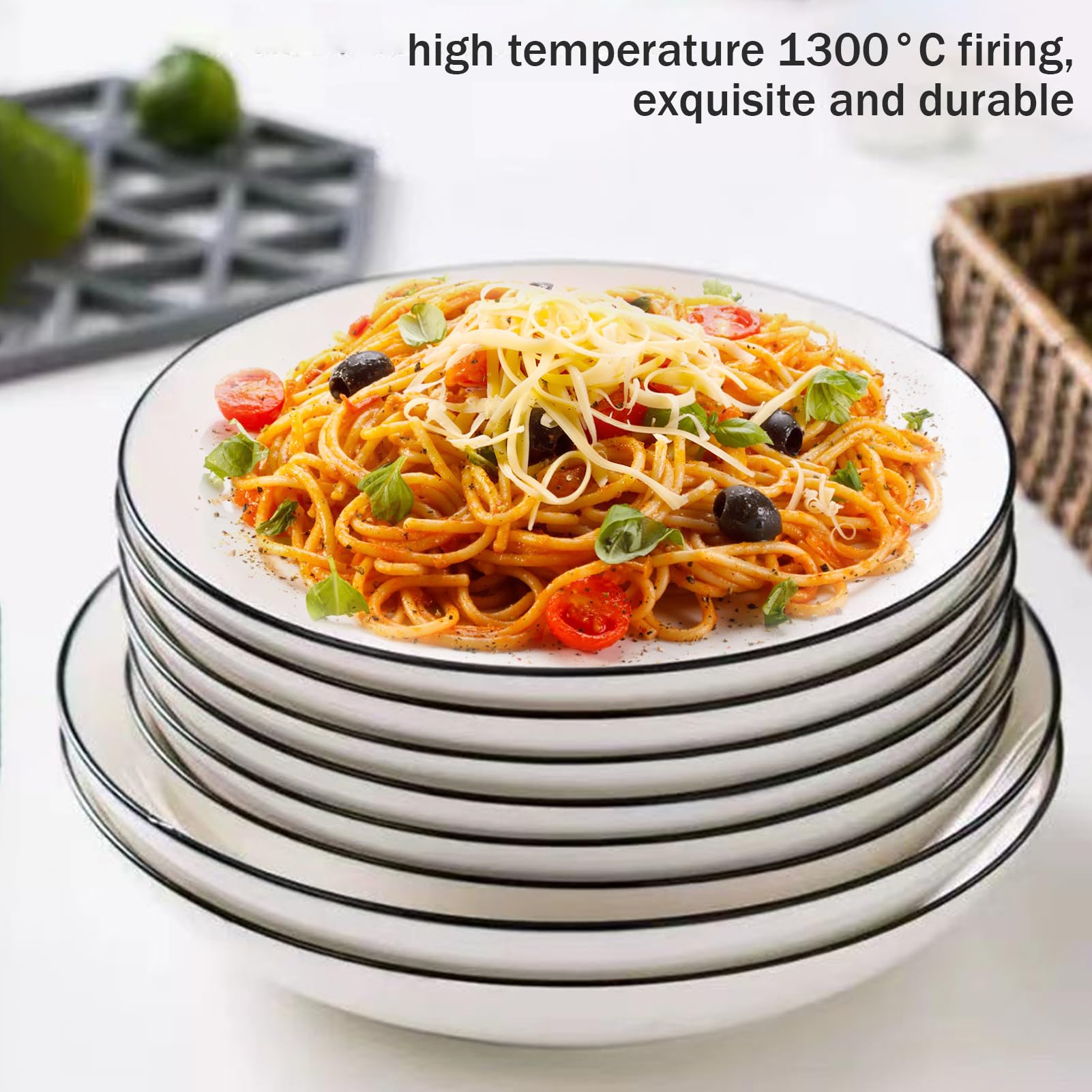 Vajilla Porcelana, Vajilla Clásica De Fondo Blanco Plato Redondo De 8 Pulgadas Con Borde Negro 4 Uds Platos De Almuerzo Para Bistec Pizza Ensalada Pasta