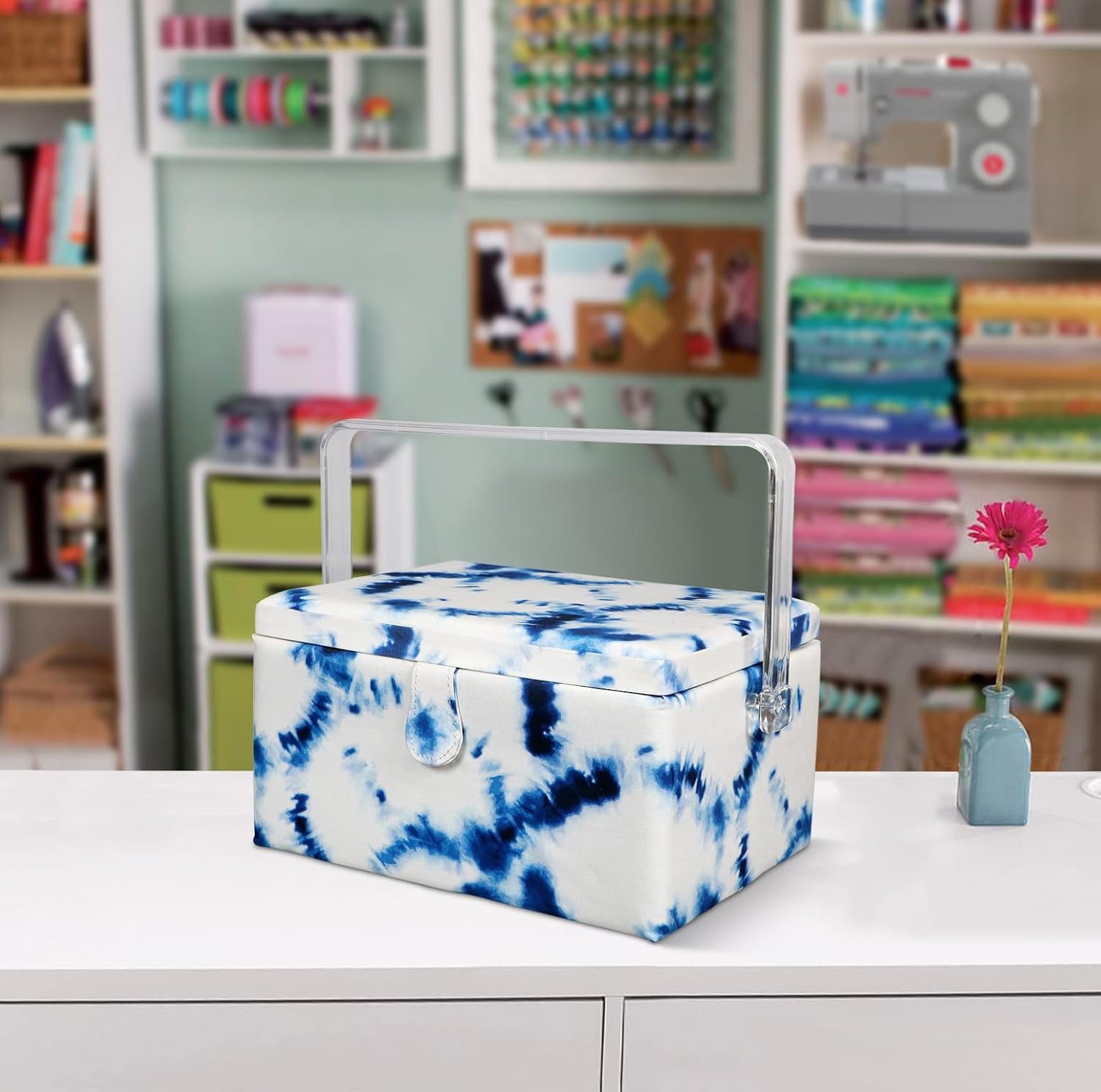 SINGER Large Sewing Basket with Notions | Sewing Kit & Storage with Scissors, Tape Measure, Thread, & More (Blue Tie Dye)