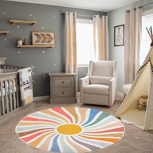 Miniatura 4 de Poowe Alfombra redonda con diseño de arco iris, colorida alfombra bohemia para niños, ultra suave, lavable, alfombra para habitación del cuarto de