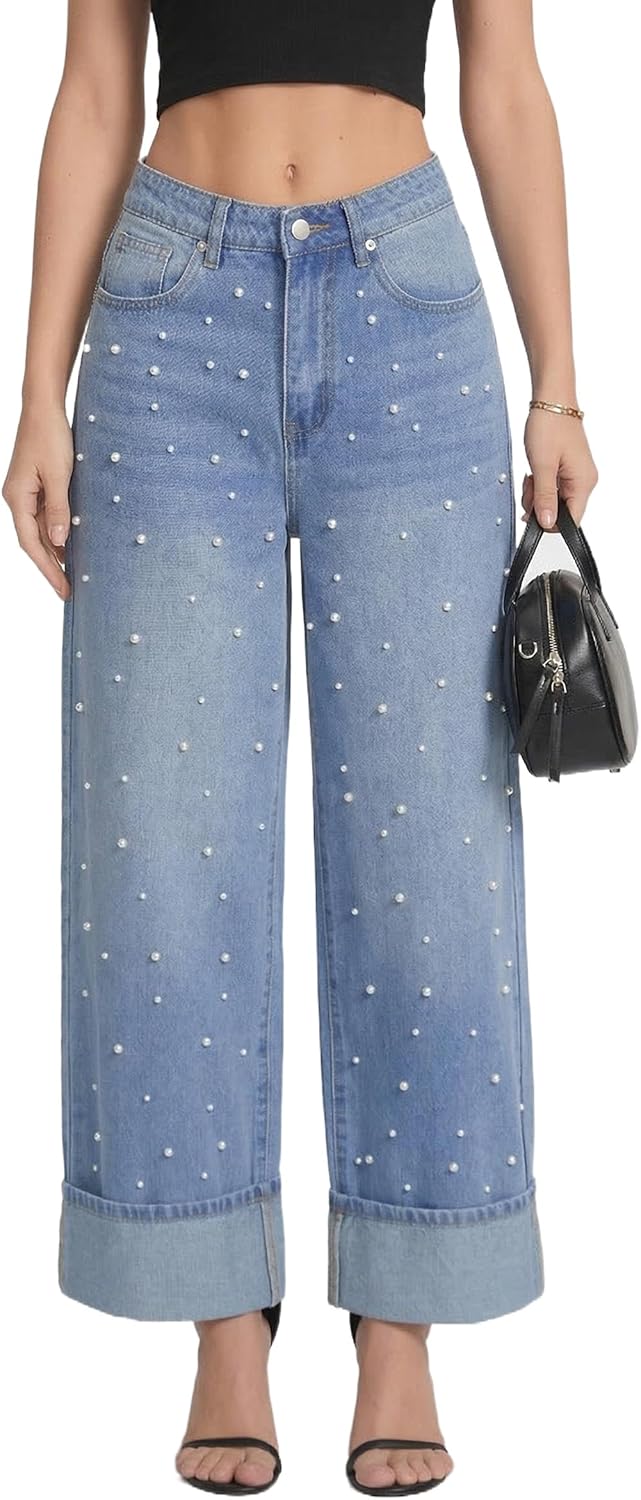Women's Pearl Embellished Jeans High Rise Wide Leg Cuffed Hem Demin Pants