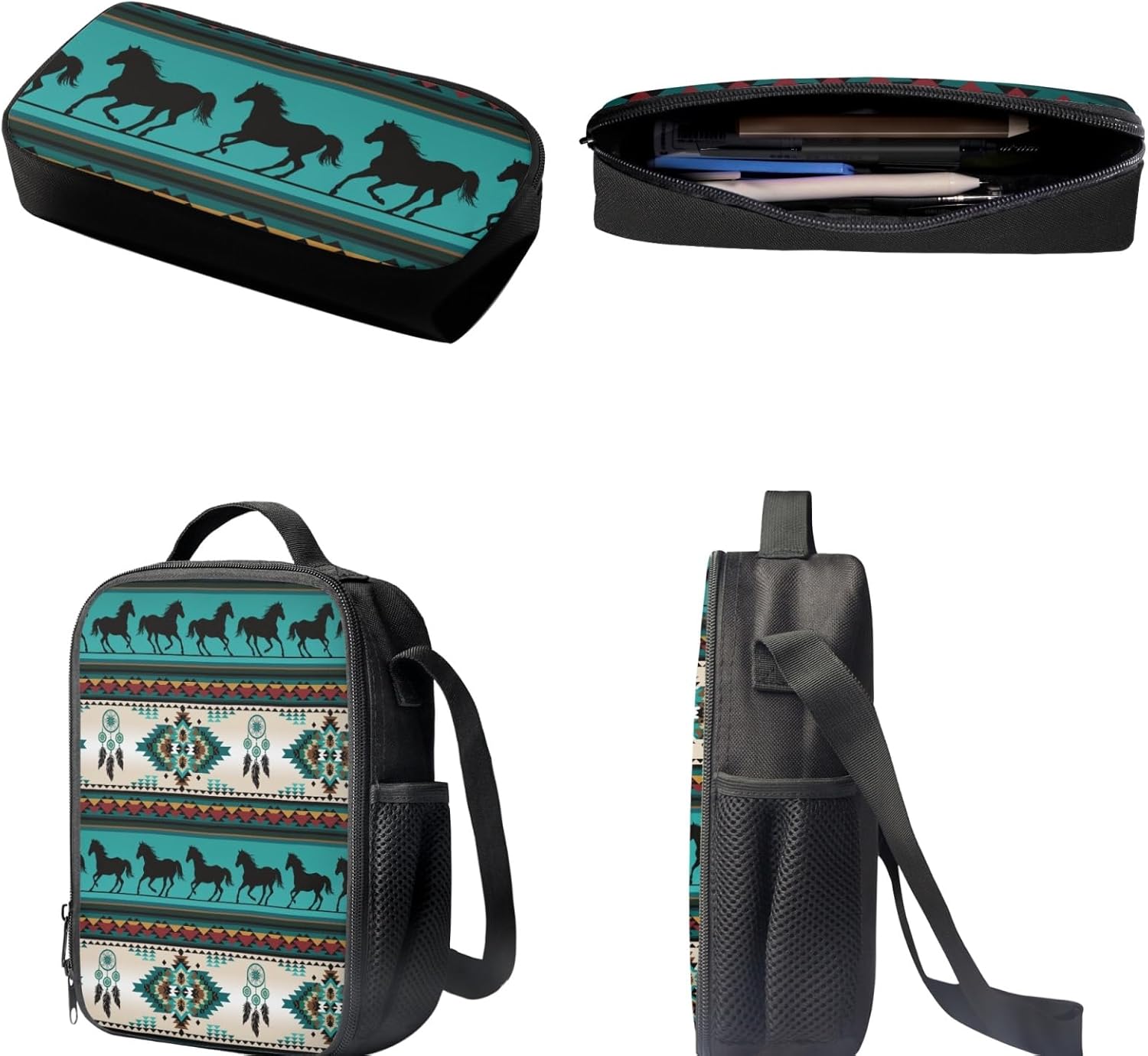 GIFTPUZZ Turquoise Aztec Horse Backpack Set - 3-in-1 Lightweight Bookbag with Pencil Case, Small Purse, and Insulated Lunch Box Tote for Teens - Perfect 15" Rucksack for School and Travel