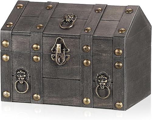 Miniatura 11 de ELLDOO Cofre del tesoro vintage, caja de recuerdos de pirata para regalos de niños, fiesta temática pirata, caja de almacenamiento de tesoros de