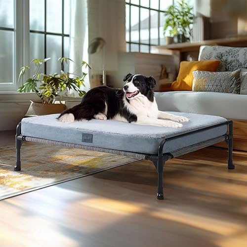 Veehoo Cama elevada para perros + alfombrilla extraíble para perro, cama grande para mascotas, barandilla de tres lados para mascotas, cuna elevada