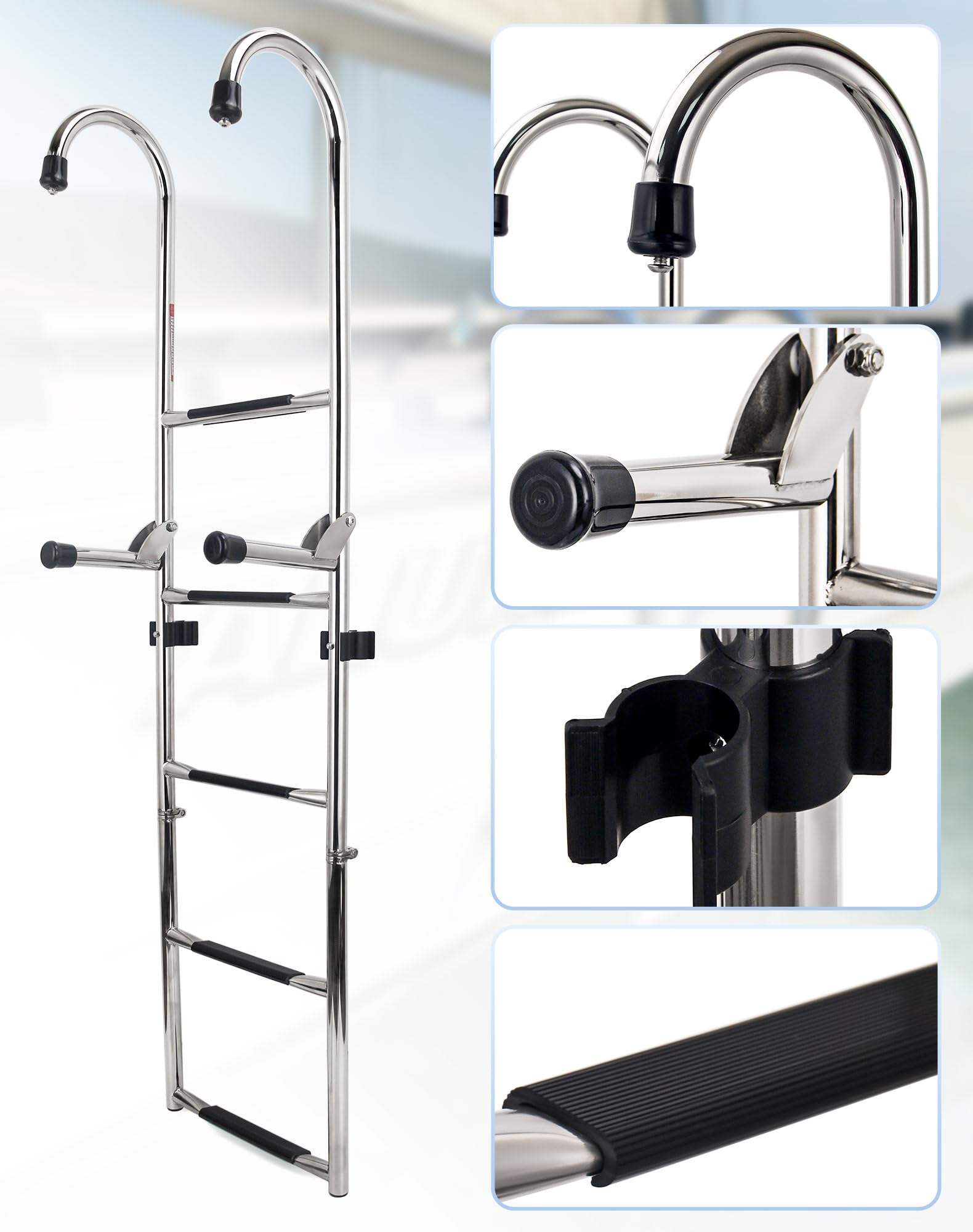 Escalera plegable de acero inoxidable de 5 escalones, escalera de barco resistente con escalones antideslizantes para pontón, muelle, piscina y RV