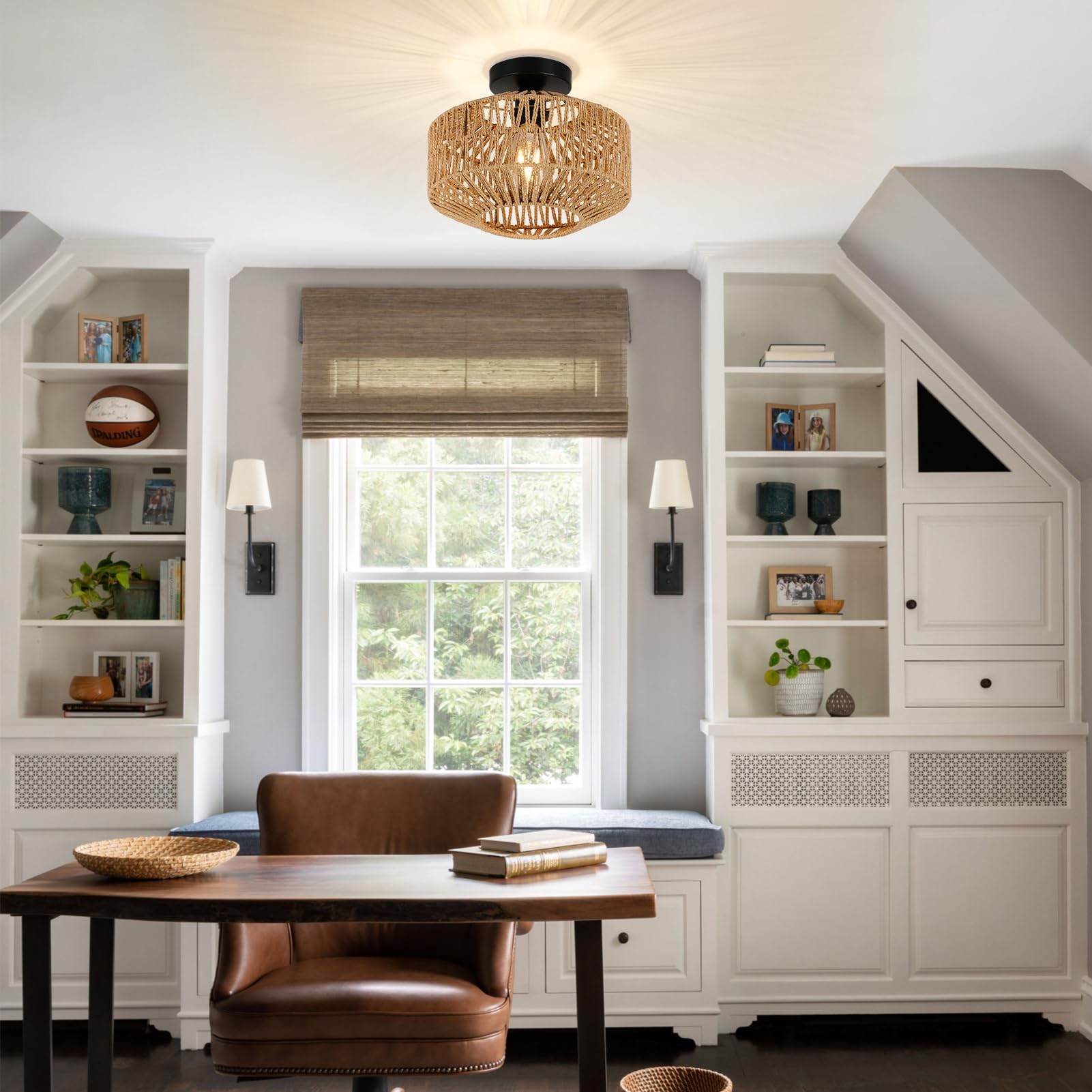 Rayofly plafonnier en rotin suspendu, plafonnier boho avec abat-jour en rotin, plafonnier vintage en bambou, lampe de plafond rustique en rotin pour salon chambre cuisine couloir