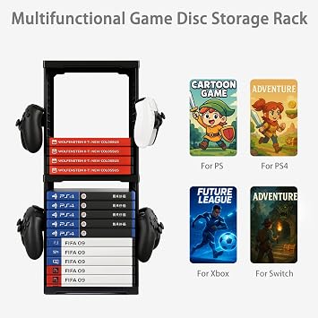 Game Storage Tower Universal Game Storage Rack Vertical Stand Holds 24 Discs for PS5 Xbox Series X/S Switch with Controller Hook Double Layer Storage Black