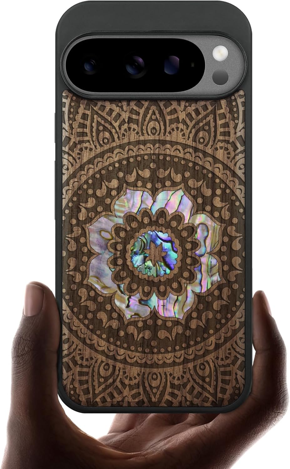 Carveit Magnetic Wooden Case for Pixel 10 / Pixel 10 Pro Case, Wood Artisan Engraved & Handmade Shell Inlaid, Compatible with MagSafe Wireless Chargers, Mandala Pattern - Walnut