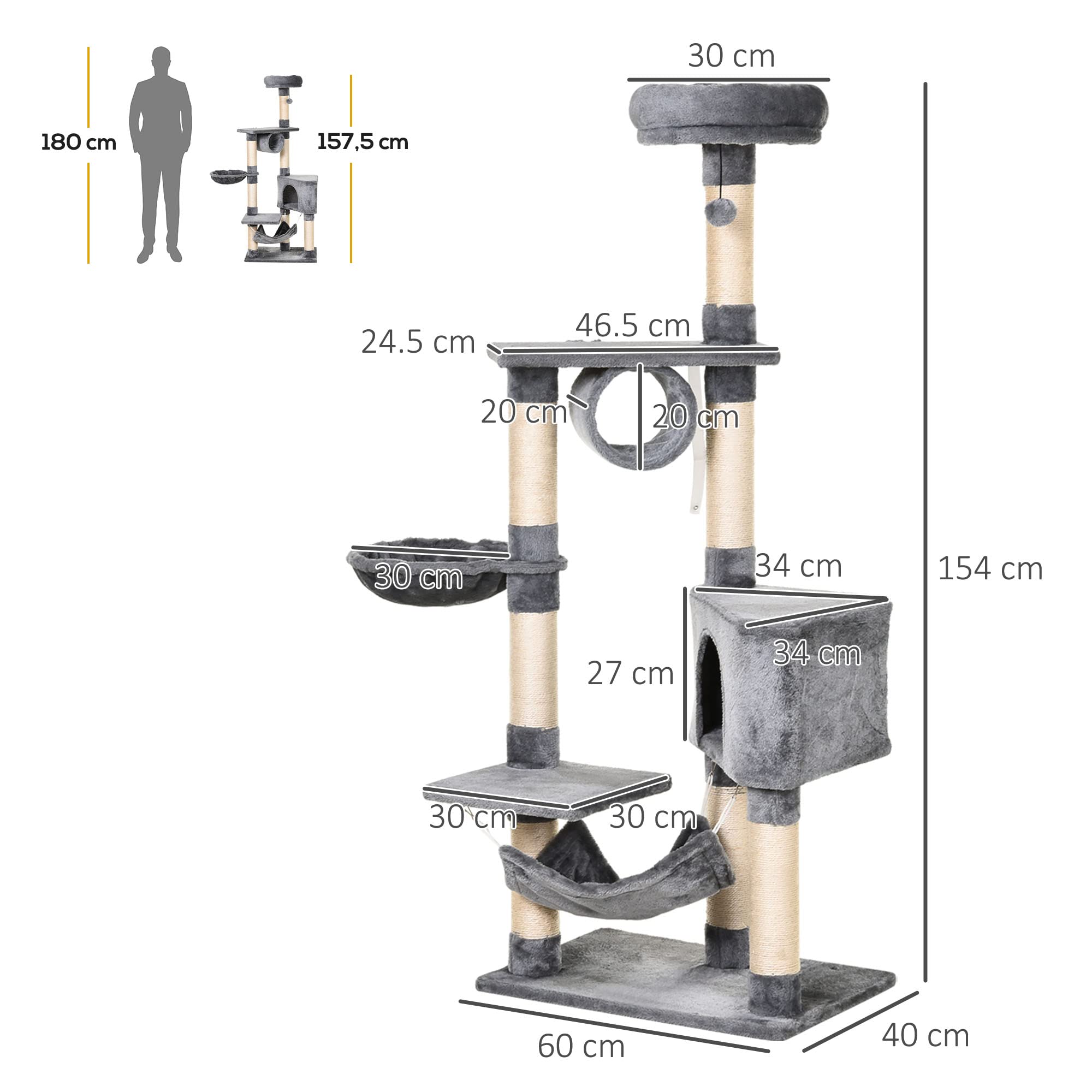 PawHut Tiragraffi a Colonna per Gatti con Cuccia Amaca 60x40x154cm Grigio | Lettini Sospesi, Pali in Corda Sisal