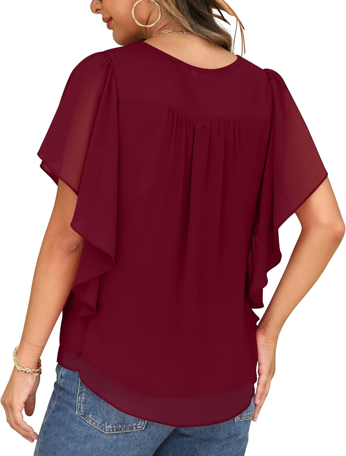 QIXING Summer Casual Loose Round Neck Chiffon Flowy Tops Blouses for Women - Image 4