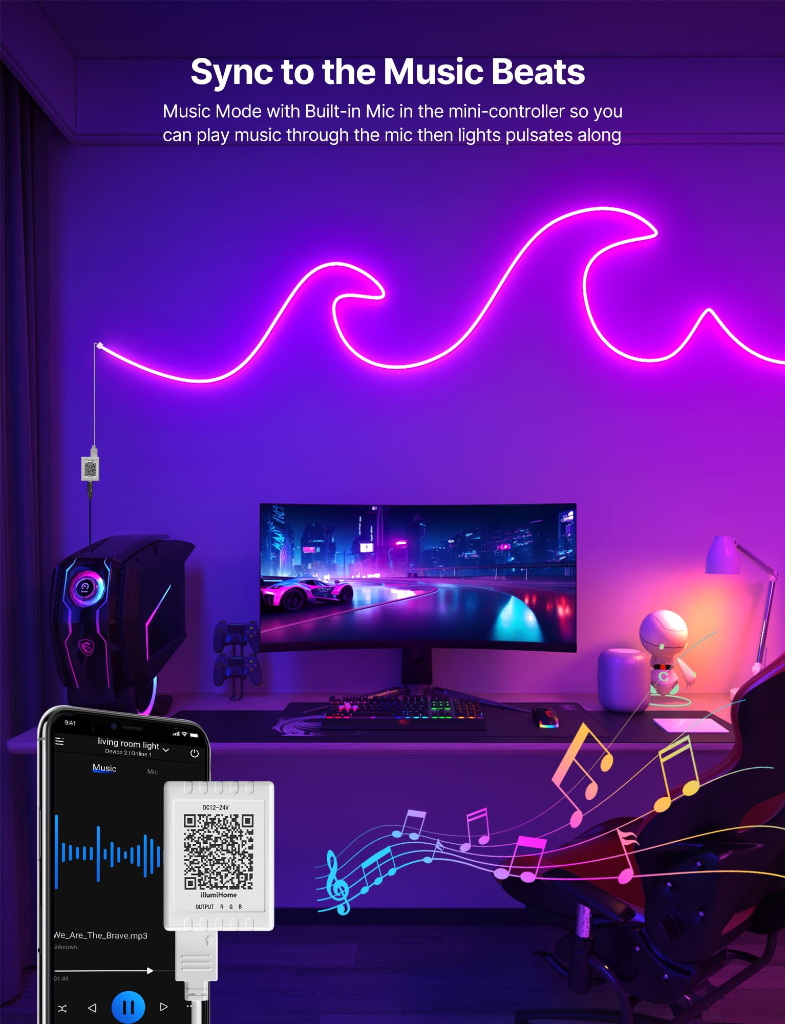 Luces de Tiras LED de neón de 10 m, Music Sync Color Changing RGB LED Neon Light Strip con Control Remoto y de Aplicaciones, Luces de Tiras de LED de neón Flexibles para Dormitorio, habitación, Sala