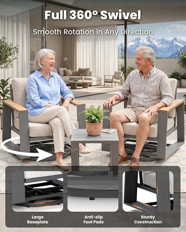 ComfCove Outdoor Swivel Patio Chairs Set of 3, Aluminum Large 3-Piece Outdoor Patio Conversation Furntiure Set with Side Table, Luxury Wider Seat & High Back Bistro Table and Chairs Set of 3, Gray image 2